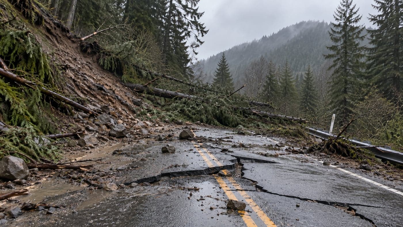 A Pacific Northwest mountain highway buckled and split by an earthquake, blocked by a landslide and fallen fir trees